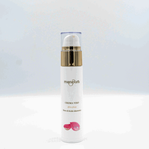 Flacone frontale della crema viso effetto plump Manipura, con tappo trasparente e grafica rosa, su sfondo bianco.