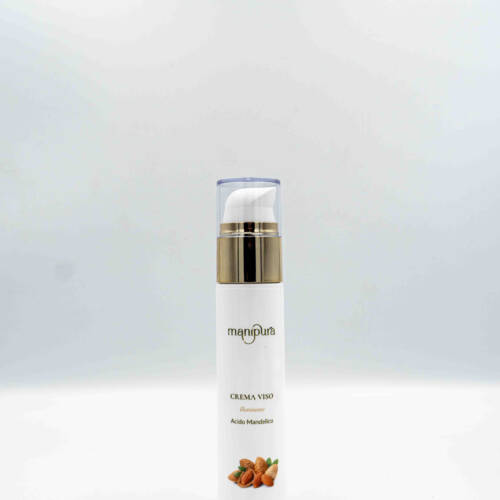 Flacone frontale della crema viso illuminante Manipura all’Acido Mandelico, su sfondo chiaro.