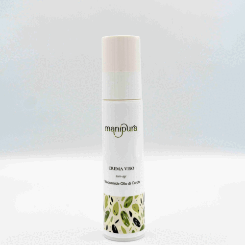 Flacone della Crema Viso Teen-Age Manipura con Niacinamide e Olio di Carota, fotografato su sfondo bianco con etichetta frontale ben visibile.