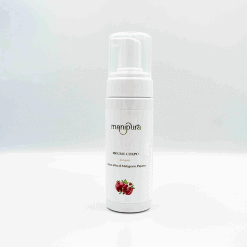 Tubetto di mousse corpo detergente all'acqua attiva di melograno e papaina, con tappo trasparente.