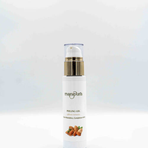Flacone frontale del Peeling Gel Manipura con Acido Mandelico e complesso AHA, confezione airless bianca con tappo trasparente su sfondo chiaro.