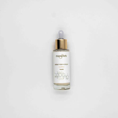 Flacone del Siero Viso-Collo Manipura ai peptidi fotografato su sfondo bianco.