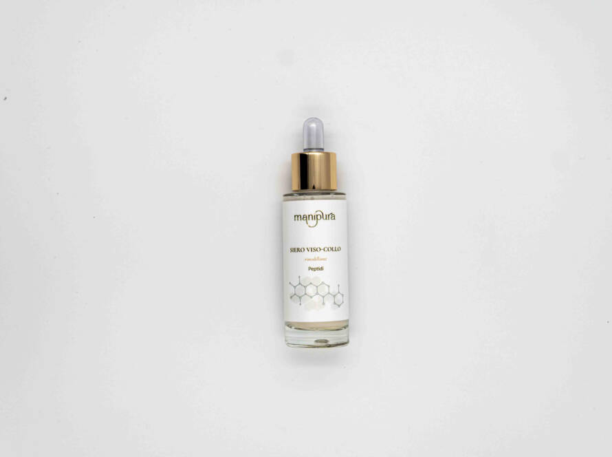 Flacone del Siero Viso-Collo Manipura ai peptidi fotografato su sfondo bianco.