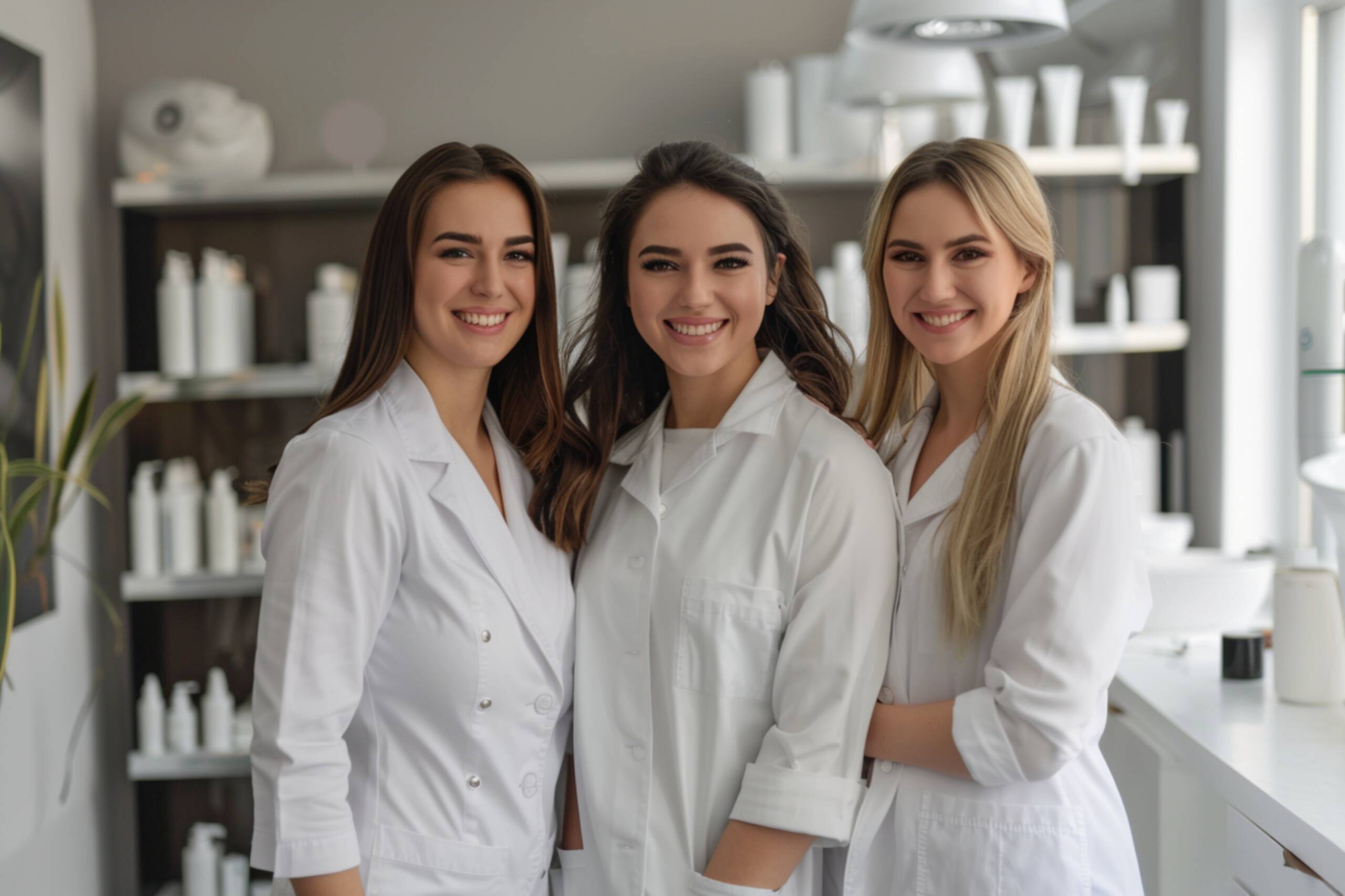 Tre estetiste sorridenti in divisa posano insieme all’interno di un centro estetico.