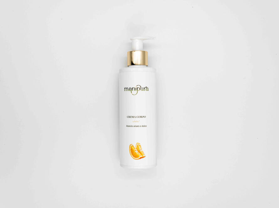 Flacone della Crema Corpo per cellulite all'arancio amaro e dolce, tappo dorato su sfondo bianco.