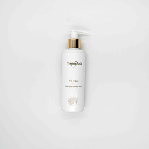 Flacone del Gel Corpo thalasso ai sali di Epsom e del Mar Morto, tappo dorato su sfondo bianco.