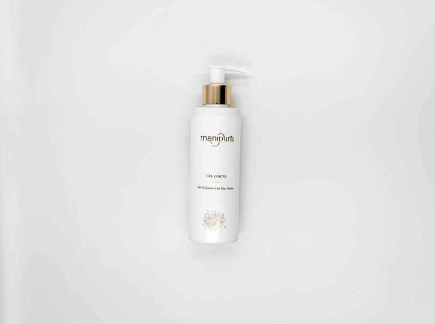 Flacone del Gel Corpo thalasso ai sali di Epsom e del Mar Morto, tappo dorato su sfondo bianco.