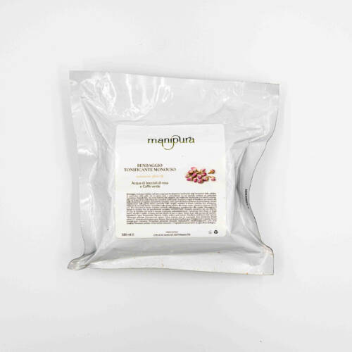 Busta del bendaggio tonificante monouso Manipura con etichetta visibile, fotografata su sfondo bianco.