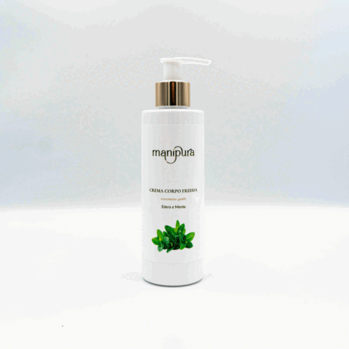 Flacone di crema corpo con effetto freddo all'edera e menta, marchiato Manipura