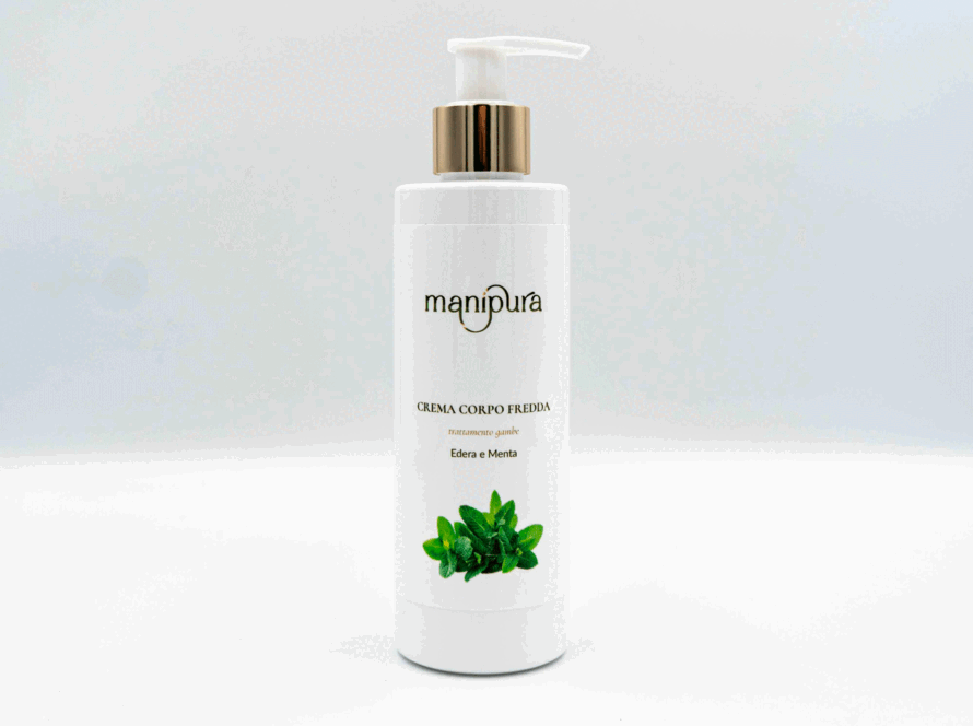Flacone di crema corpo con effetto freddo all'edera e menta, marchiato Manipura