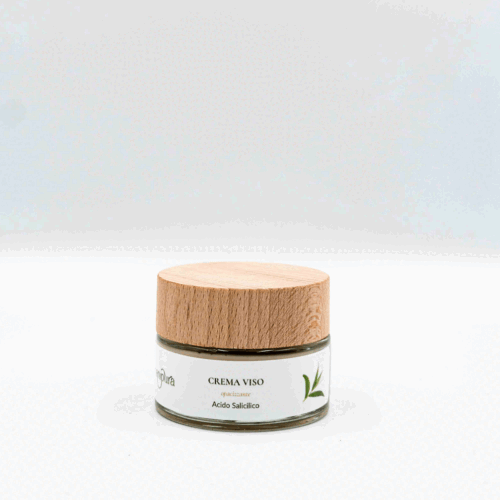 Vasetto in vetro contenente crema viso purificante all'acido salicilico con il tappo chiuso.