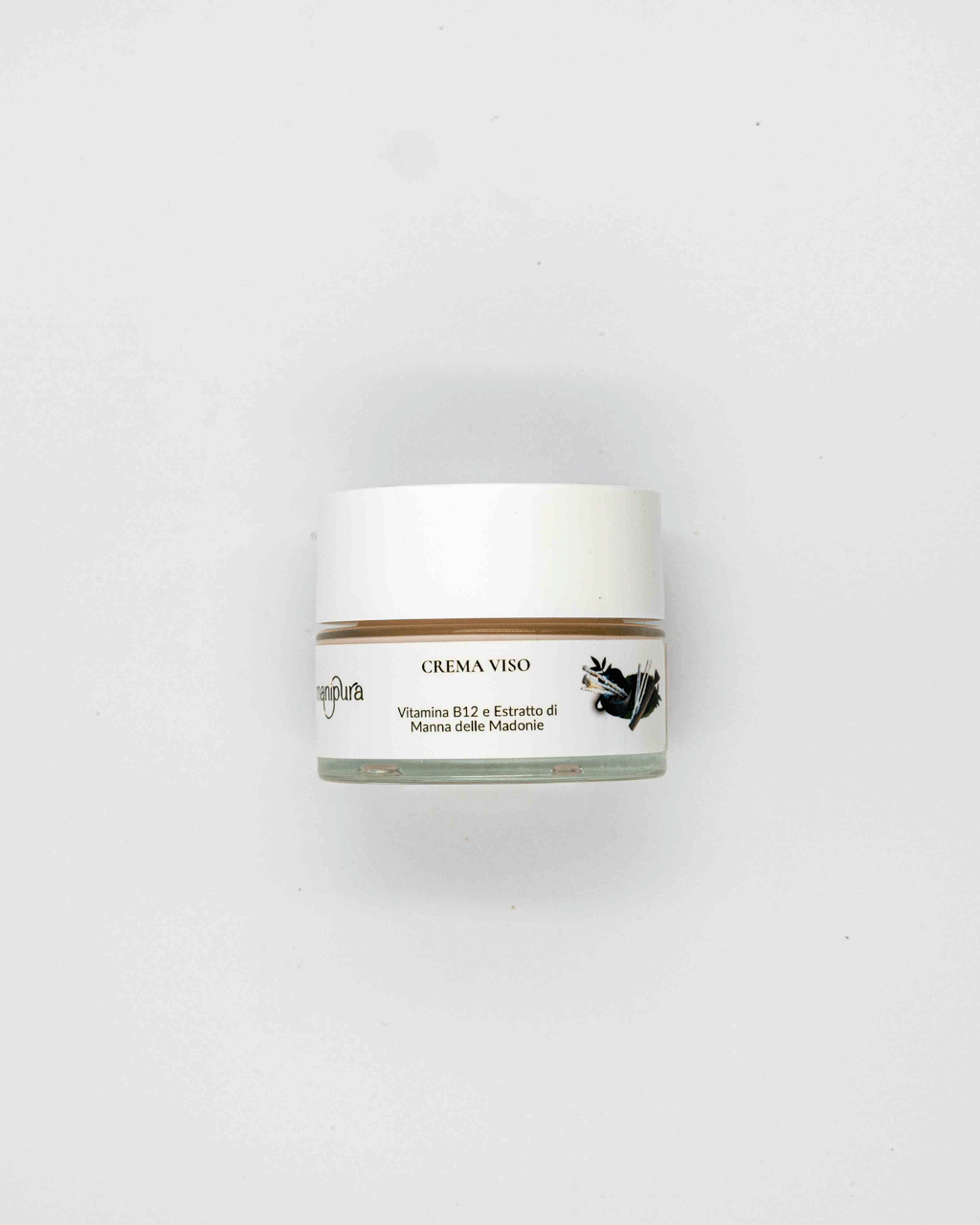 Vasetto della Crema Viso alla Vitamina B12 ed Estratto di Manna delle Madonie di Manipura su sfondo bianco.