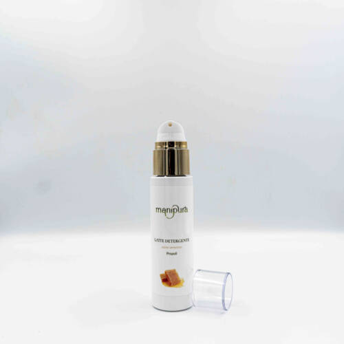 Flacone frontale del Latte detergente antiossidante al propoli, tappo dorato su sfondo bianco.