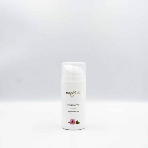 Maschera viso idratante Manipura alla Rosa Damascena, flacone bianco con tappo trasparente, fotografato frontalmente su sfondo chiaro.