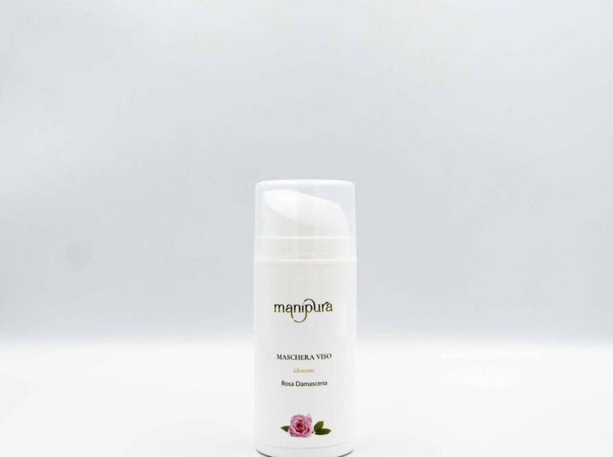 Maschera viso idratante Manipura alla Rosa Damascena, flacone bianco con tappo trasparente, fotografato frontalmente su sfondo chiaro.