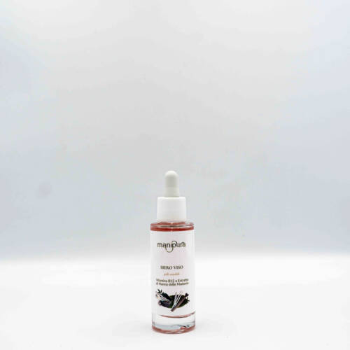 Flacone del Siero Viso Manipura per pelli sensibili , mostrato frontalmente su sfondo bianco.