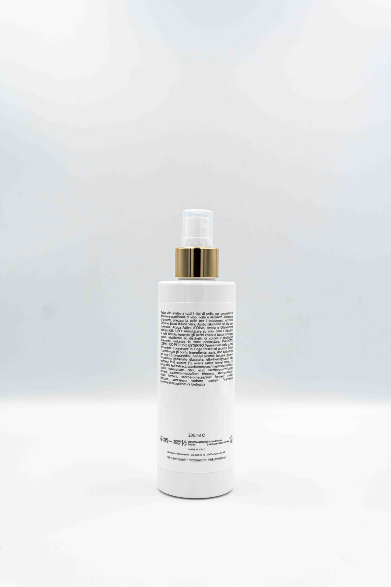 Retro flacone di Tonico Viso Manipura all’Aloe Vera, su sfondo bianco.