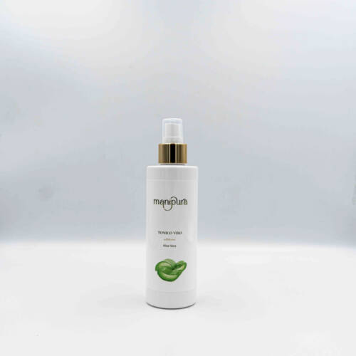 Flacone frontale del Tonico Viso Aloe Vera, tappo dorato su sfondo bianco.