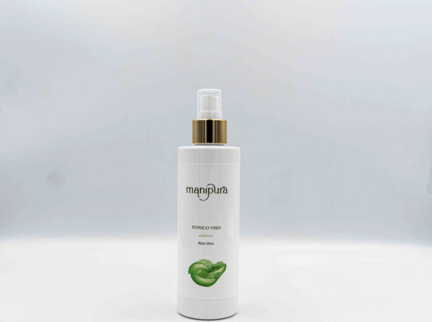 Flacone frontale del Tonico Viso Aloe Vera, tappo dorato su sfondo bianco.