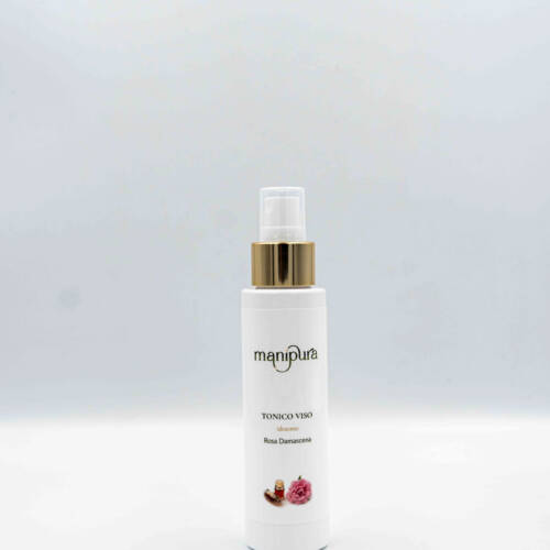 Flacone frontale del tonico viso idratante Manipura alla Rosa Damascena, mostrato su sfondo chiaro.